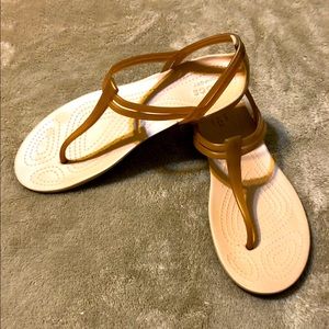 Crocs Women's Isabella T-Strap Sandals, Gold, Size 7